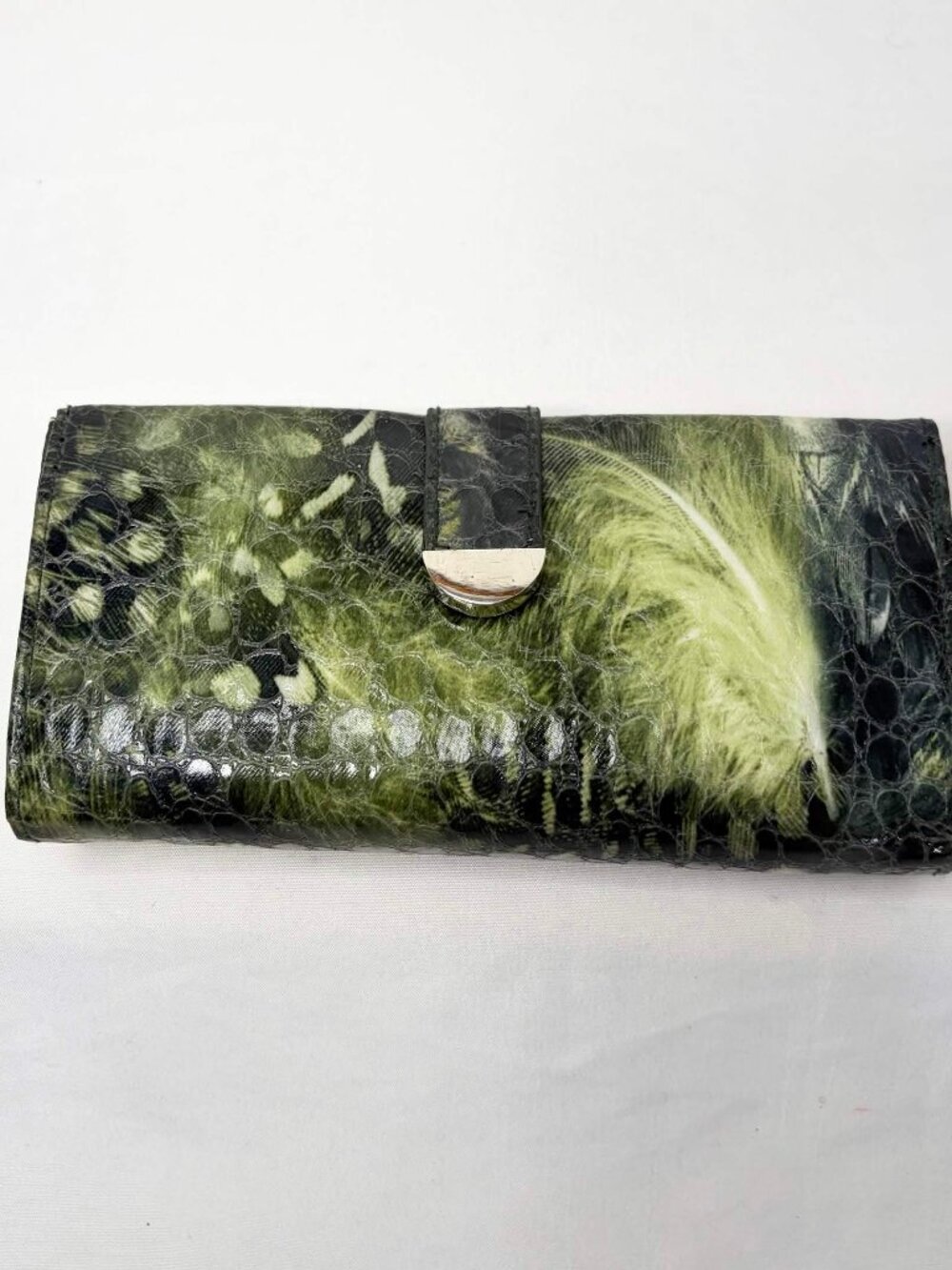 Vintage Hato Green Feather Snake Print Wallet Mirror Snap Zip Organizer Clutch